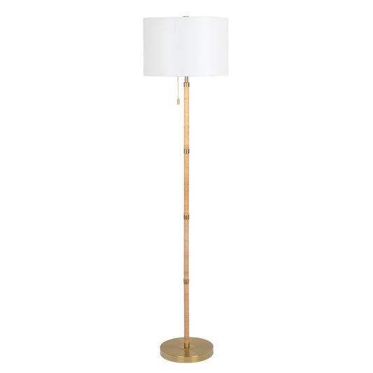 Stellar Wood Rattan Tube , Gold Brass Metal and White Linen Shade Floor Lamp