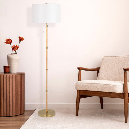 Stellar Wood Rattan Tube , Gold Brass Metal and White Linen Shade Floor Lamp