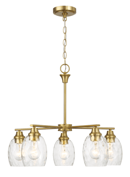 Elegance Five Lights Linear Arms with Golden Brass Finish Chain Chandelier 24"W × 8.5"H with Clear Water Glass - West Lamp