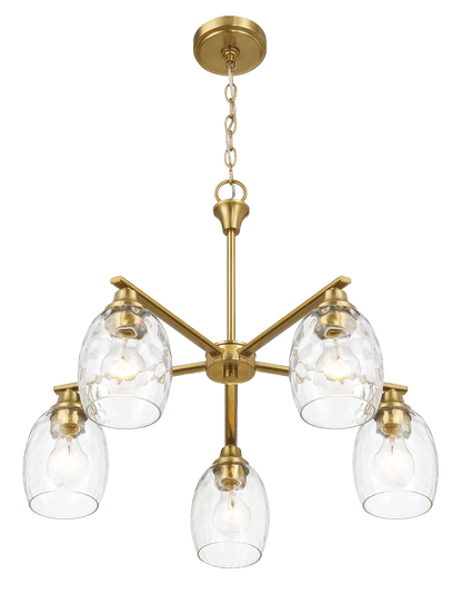 Elegance Five Lights Linear Arms with Golden Brass Finish Chain Chandelier 24"W × 8.5"H with Clear Water Glass - West Lamp