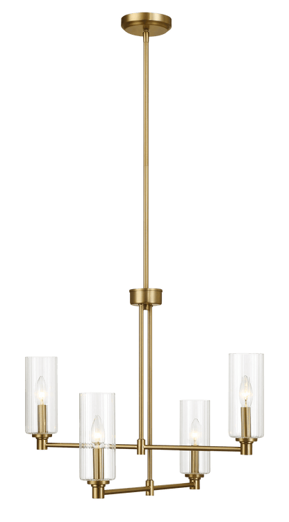 Enigma Four Lights Chandelier With Clear Ribbed Glass -Satin Brass - West Lamp