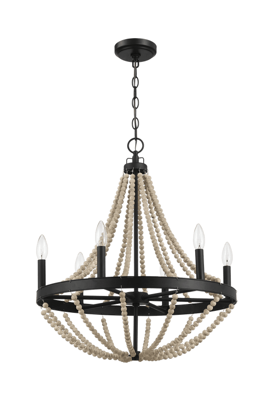 Starry Wood Chandelier Farmhouse Six Candle Light Wood Beaded Black Pendant Light for Dining Room - West Lamp